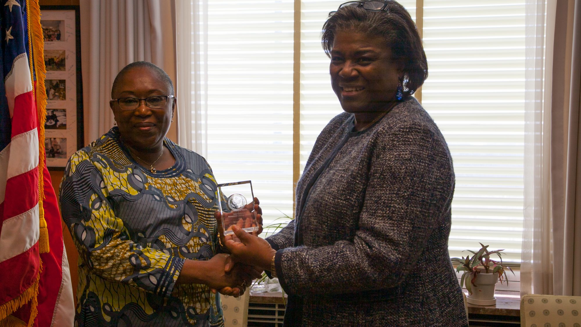 Assistant Secretary Linda Thomas-Greenfield who leads the Department of State&#039;s Bureau of African Affairs, gives International Women of Courage Award to Beatrice Epaye President, Fondation Voix du Coeur from Central African Republic