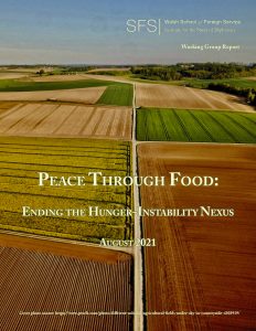 Fields with various crops showing report title: Peace Through Food: Ending the Hunger-Instability Nexus
