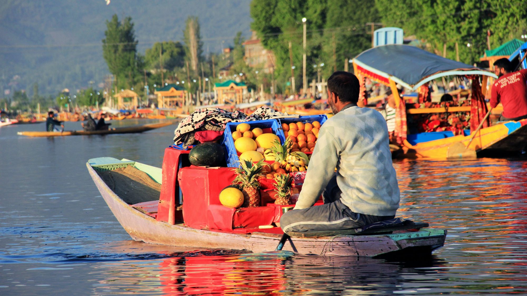 Man delivers fruit on a boat in Kashmir