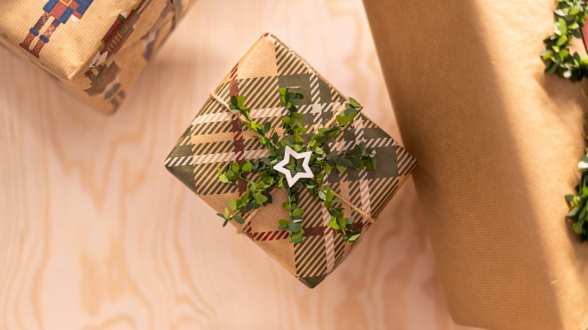 wrapped present with tartan paper and star