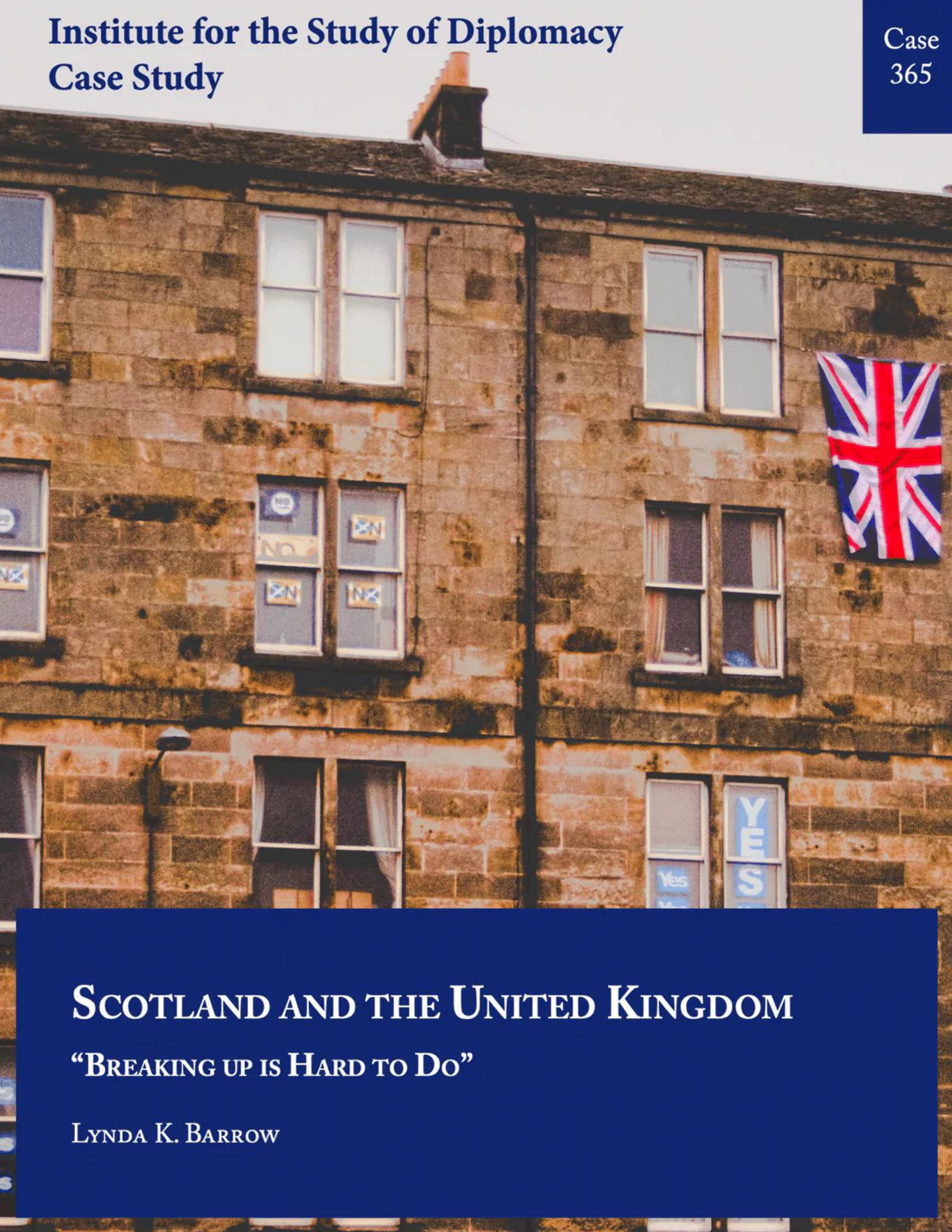 A row of tile-roofed houses with windows in between, and a UK flag on the right.
