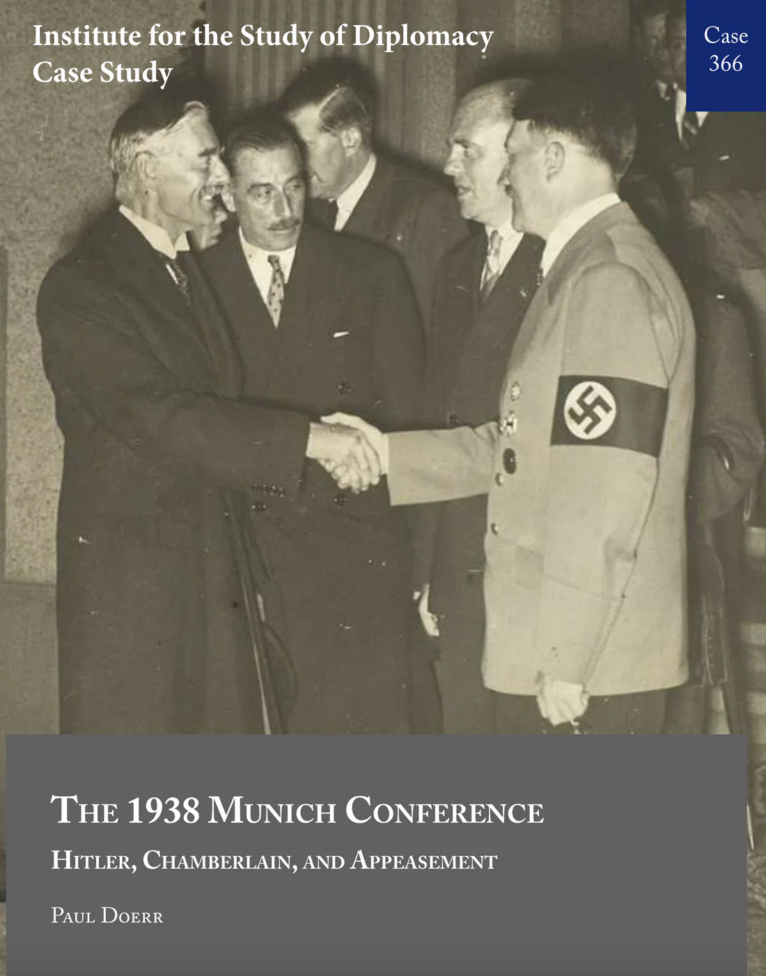 Neville Chamberlain and Adolf Hitler shaking hands, with three officials standing behind.