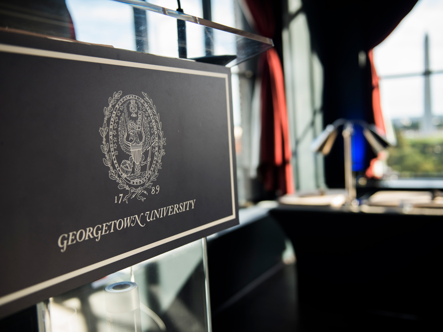 Georgetown University glass podium in a sun filled office