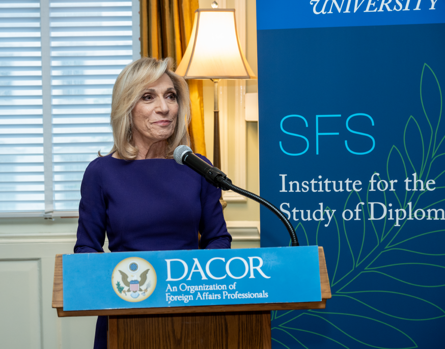 Andrea Mitchell addressing students